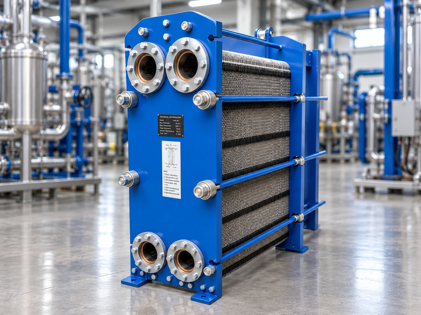Blue plate heat exchanger with stainless steel plates in an industrial workshop